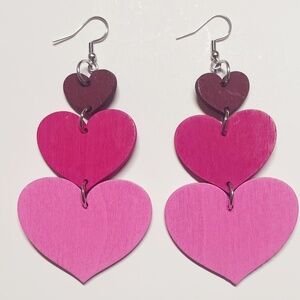 1 pair Pink Heart Shaped Wooden Dangle Earrings, Elegant Nature Inspired Jewelry